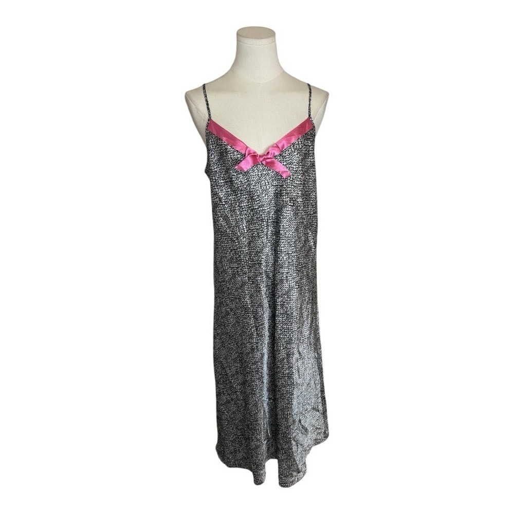 MORGAN TAYLOR Intimates Black White Pink Bow Slip‎ Dress Size L Sleep Gown VTG